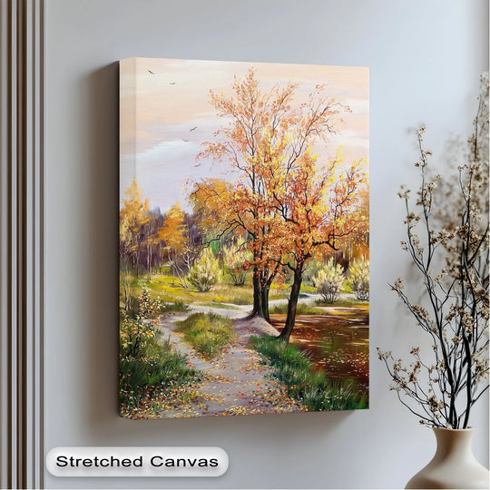 Painted with soft hues of peach and lavender, the background sky complements the high quality canvas prints depicting an autumn forest trail.
