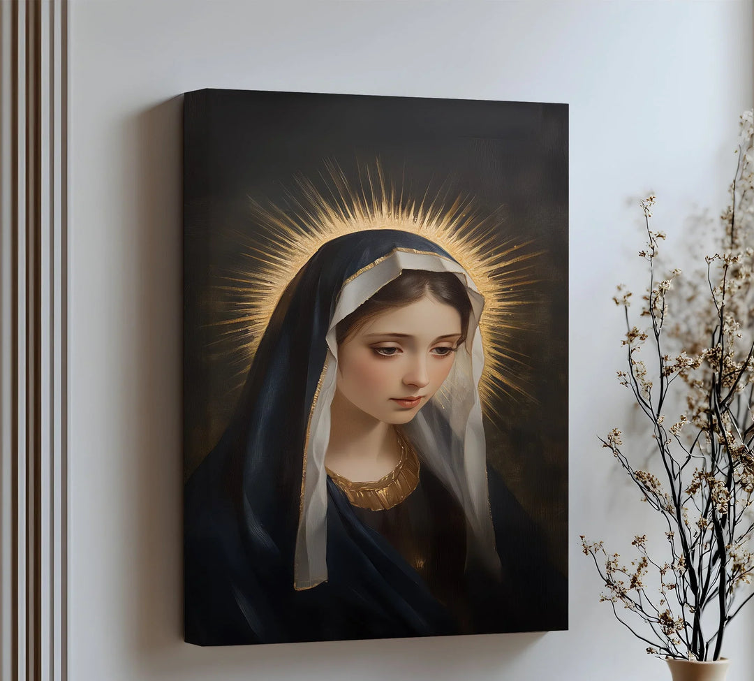 Grace your home with this radiant canvas wall art of the Virgin Mary in divine serenity.

