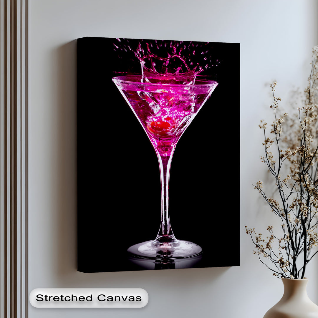 A vertical rectangular premium canvas decor showcases a vivid pink martini splash, creating glamorous cocktail wall art.