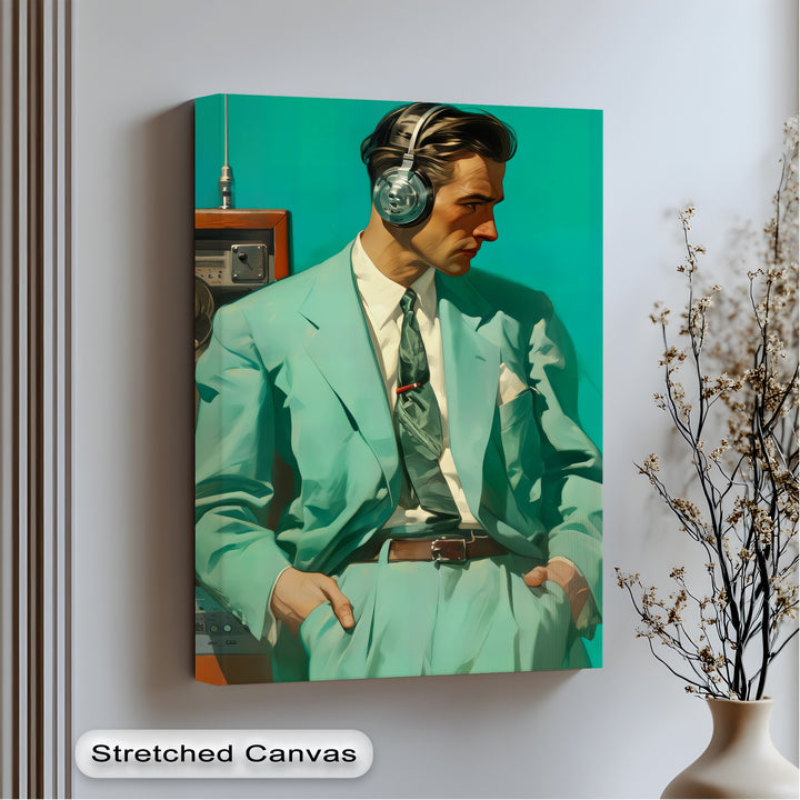 The Audiophile – Retro Cool Man in Teal Suit Canvas Print