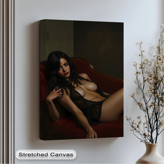 Highlights showcase the luminous skin tones in this high quality canvas prints, emphasizing the erotic lace detail of the crimson desire artwork.