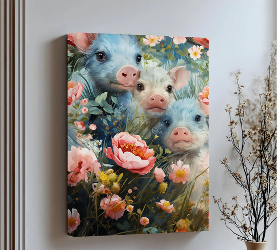 With a gently textured surface, the animal canvas pictures showcase a delightful grouping of piglets and flowers, adding depth to the Blossom Companions print.