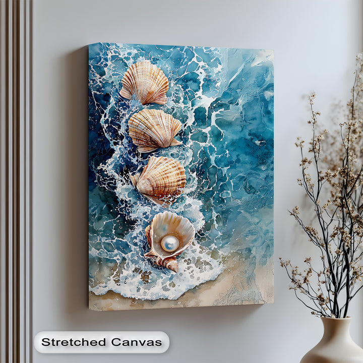 A shimmering pearl meets deep sea hues in this bold canvas print.

