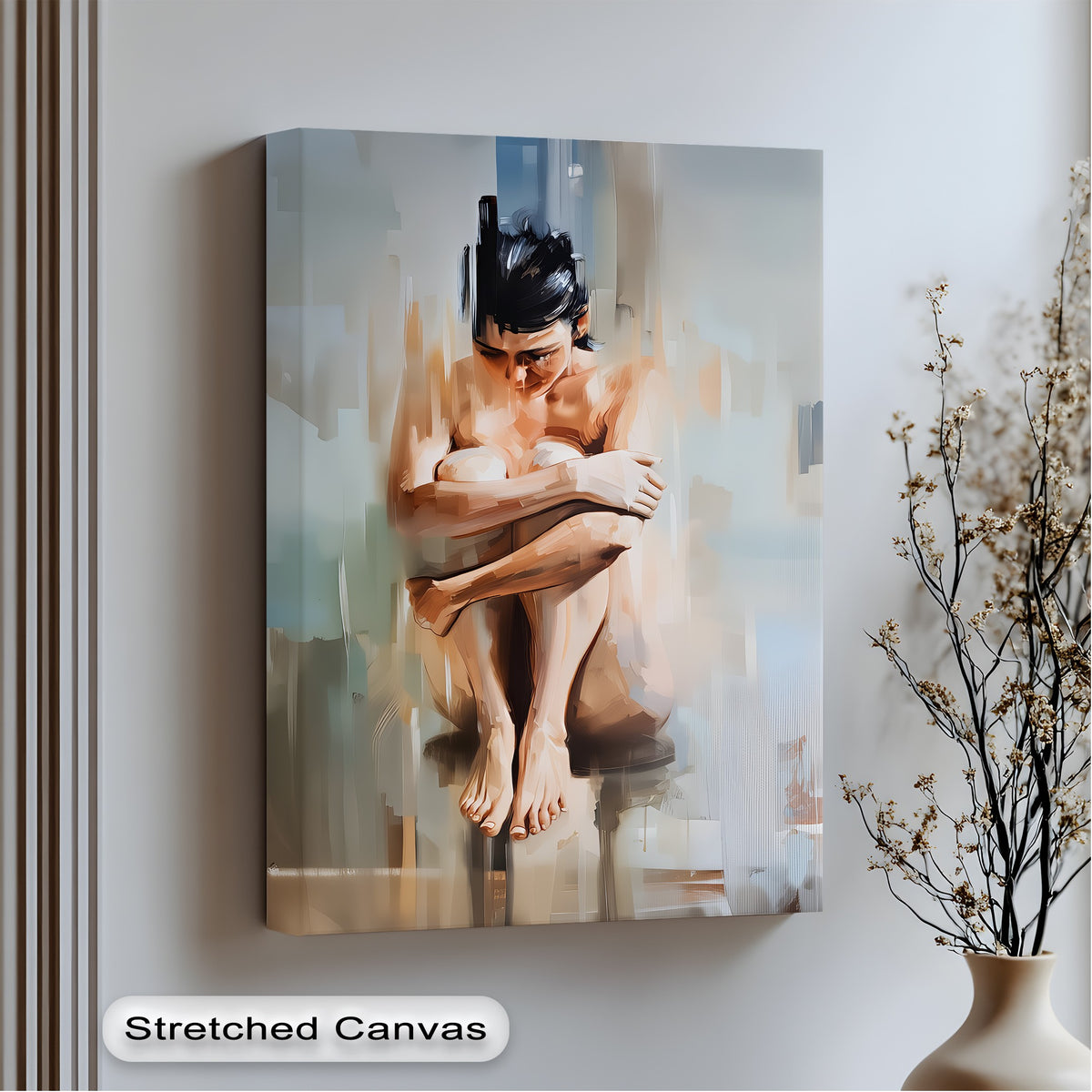 Vertical and rectangular, this 'Solitude' sensual erotic canvas painting wall art presents an evocative framed canvas artwork.