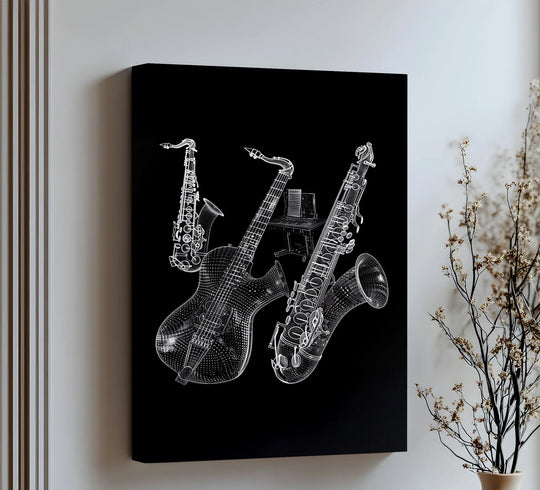 Cool color temperature dominates this canvas art print of a futuristic instrument ensemble, creating a striking high-contrast wall art piece.