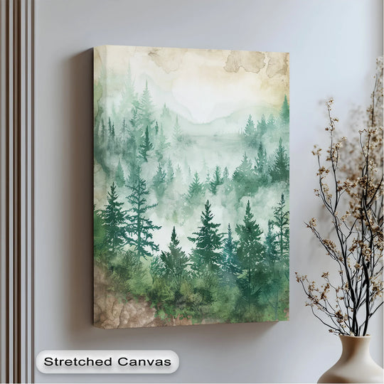 Vertical rectangular framed canvas featuring a watercolor forest landscape of misty pine trees.
