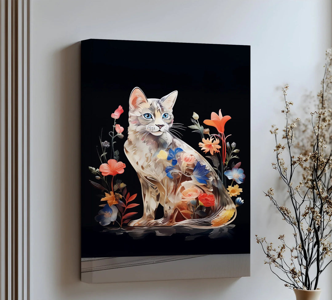 Botanical Gaze – Floral Patterned Cat with Blue Eyes Cat Canvas Print - MyPhotoStation