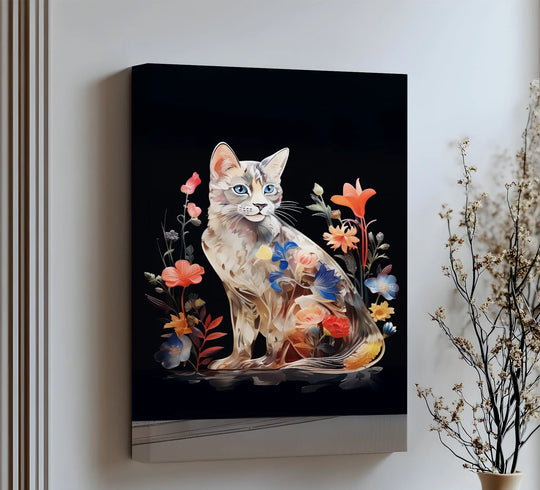 Negative space accentuates the floral patterned cat in this botanical gaze canvas wall decor, creating a striking contrast against the black backdrop.