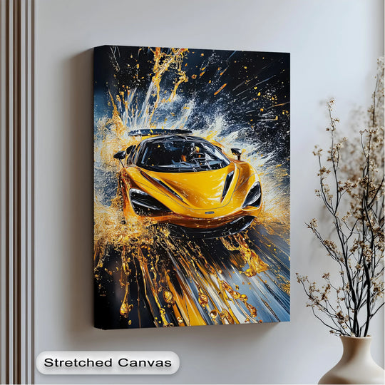Velocity Splash – Yellow Supercar in Liquid Motion Canvas Print - MyPhotoStation