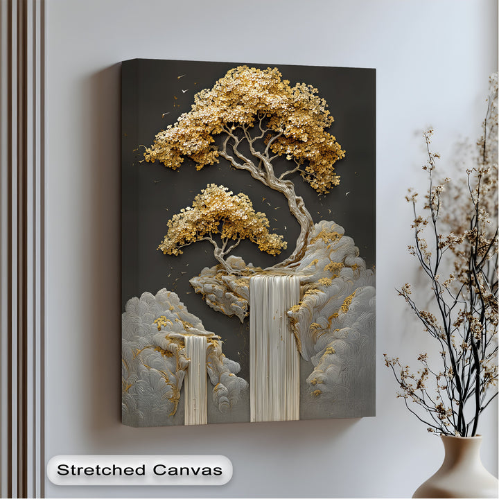 Golden Cascades – Abstract Tree and Waterfall Canvas Print