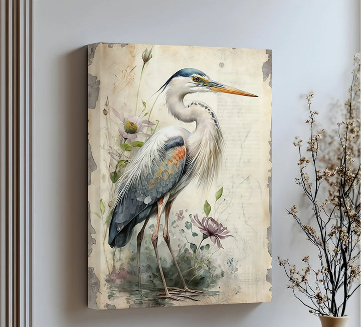 Graceful Heron Amid Wildflowers – Vintage Nature Canvas Print - MyPhotoStation