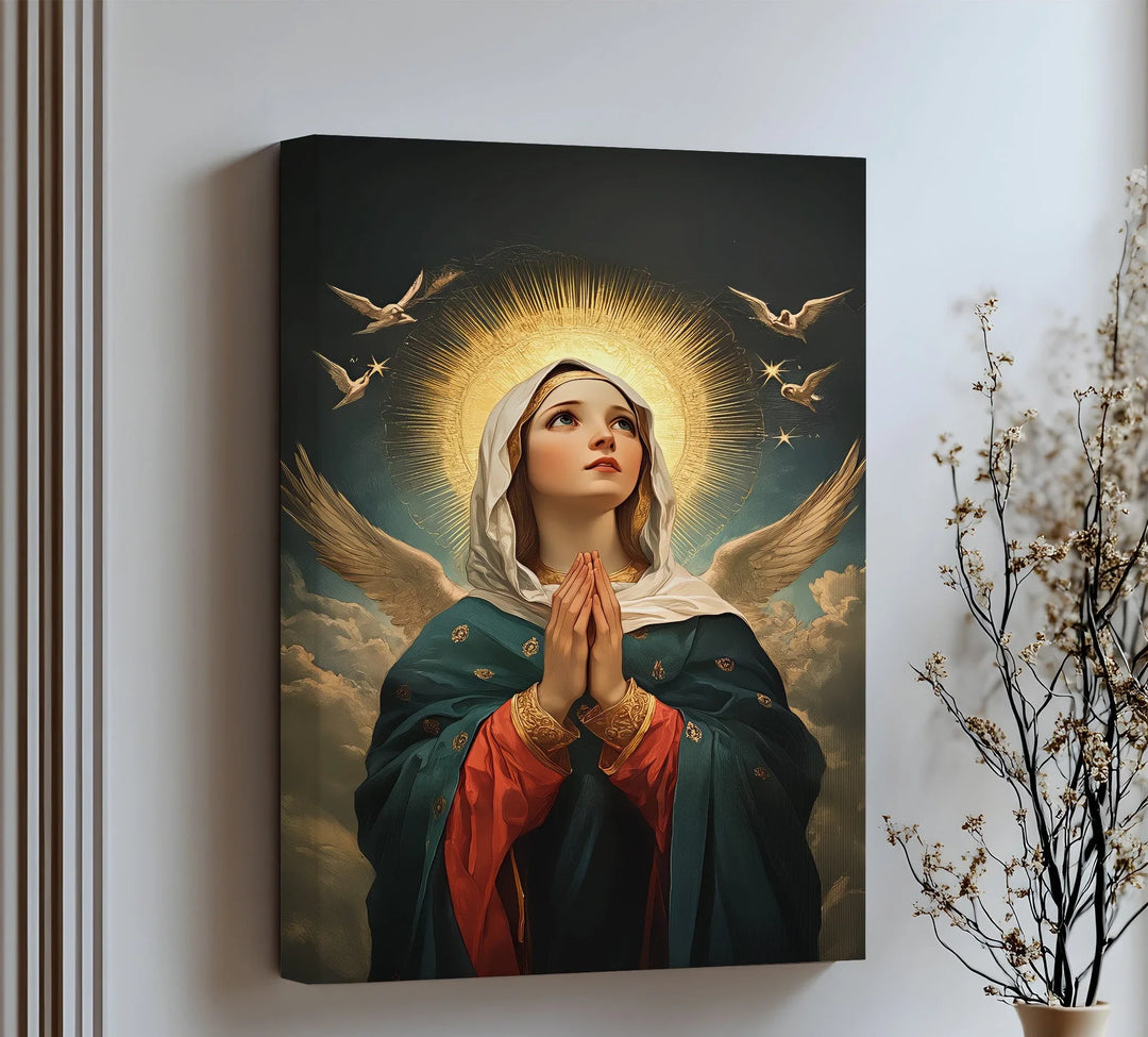 This radiant canvas wall art captures the Virgin Mary in heavenly light and serenity.

