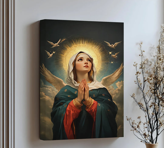 Angular rays from the halo emphasize the divine geometry in this framed canvas of the Virgin Mary with doves and winged angels in reverent detail.
