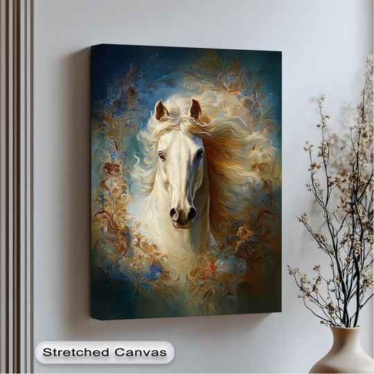 Canvas wall art vertical format shows a white horse with flowing golden mane and ornamental aura horse canvas print