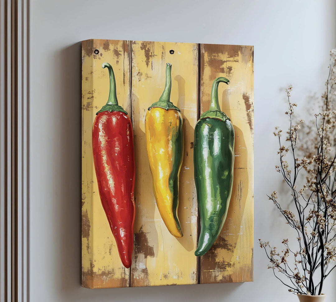 Spicy Trio – Rustic Red, Yellow & Green Peppers Kitchen Canvas Print - MyPhotoStation
