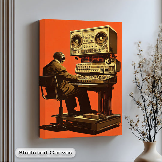 Negative space surrounds the vintage audio equipment and man on this bold analog overload canvas art prints, enhancing its retro feel.
