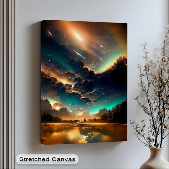 Curvaceous clouds and cascading comets create lyrical organic forms in this celestial dreamscape, a vibrant canvas wall decor art print featuring a glowing forest lake.