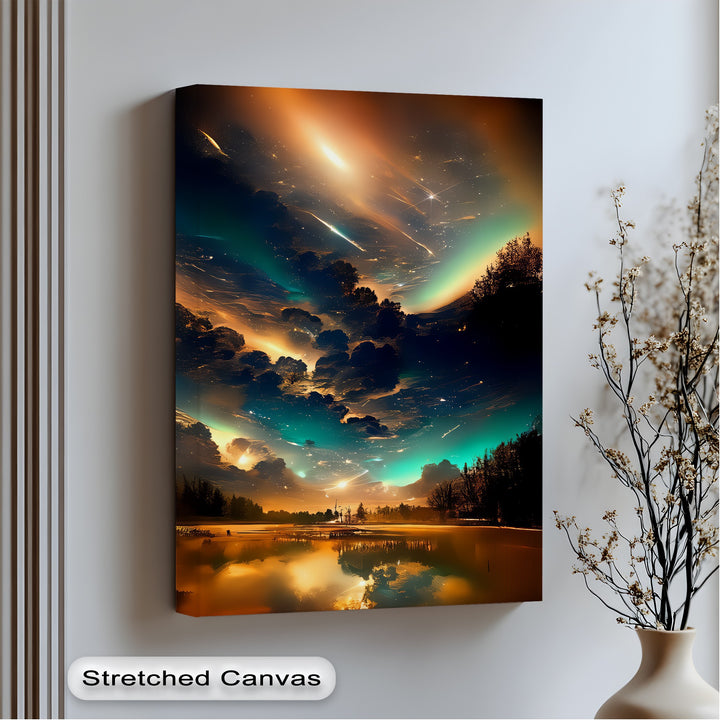 Celestial Dreamscape – Northern Lights Over Forest Lake Canvas Print
