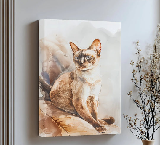 High-quality canvas art prints bring out the subtle textures and watercolor-style details of this sunlit Siamese cat canvas print.