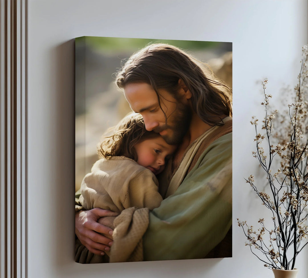 Experience gentle peace with this emotional canvas wall art of Jesus holding a child.

