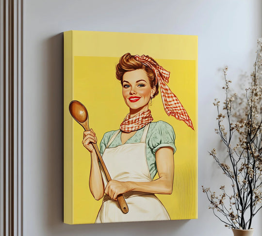 The central subject in this canvas art print features a smiling 1950s vintage cooking lady holding a spoon, embodying retro kitchen muse.