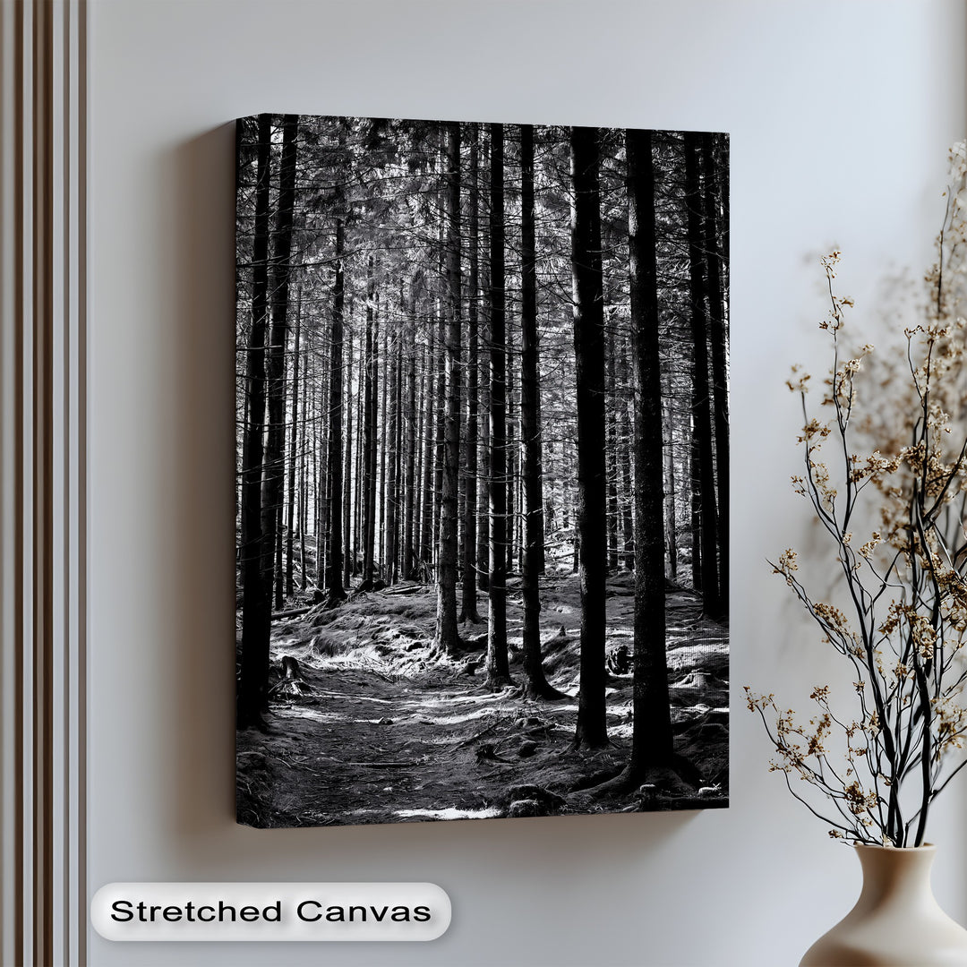 Step into quiet solitude with this striking canvas wall art of a black-and-white pine forest.

