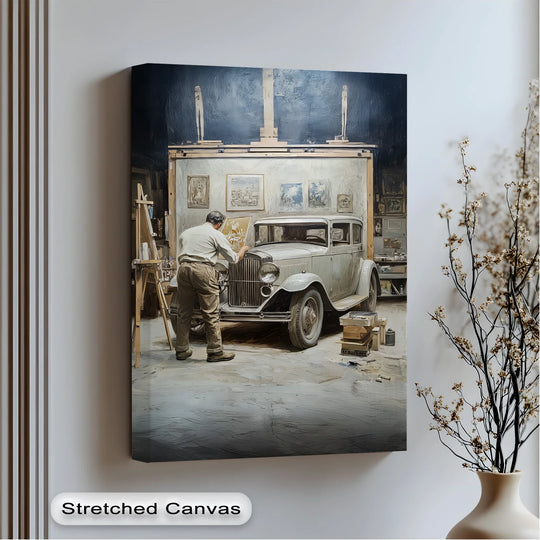 The realistic detail in this car canvas print showcases an artist meticulously at work near a vintage vehicle, presented as a distinctive hanging canvas piece.