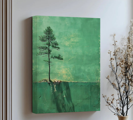 Lone Tree of Resilience – Minimalist Green Canvas Print - MyPhotoStation