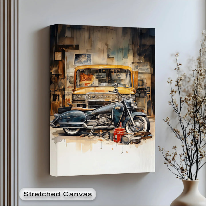 Garage Time – Classic Motorcycle and Vintage Truck Canvas Print - MyPhotoStation