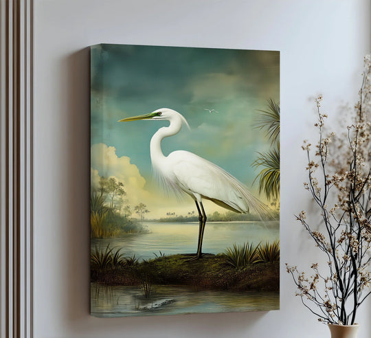 Elegant White Egret by the Lake – Tranquil Landscape Canvas Print - MyPhotoStation