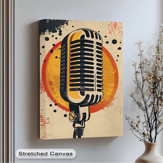 Tan dominates this retro airwaves vintage microphone canvas wall art print, complemented by shades of red, black, and yellow.