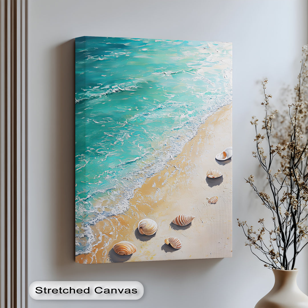 Soothing ocean waves and seashells captured in textured canvas wall art.

