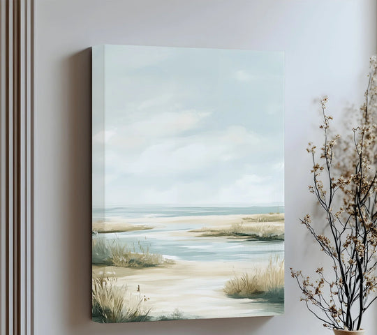 Vertical coastal dunes serenity landscape hanging canvas provides a calming beach scene with soft, muted tones.