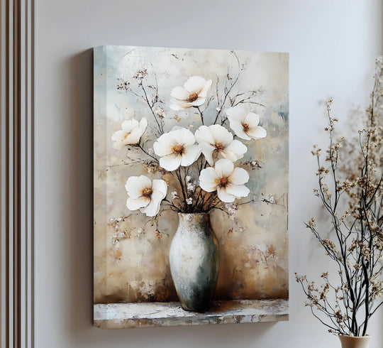 Delicate, curving stems and petals define the organic forms of the Vintage Bloom Still Life canvas artwork, depicting elegant white flowers in a vase.