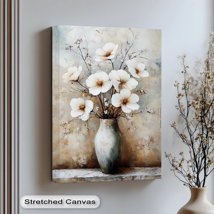 Rustic White Blossoms – vintage flower vase canvas wall art

