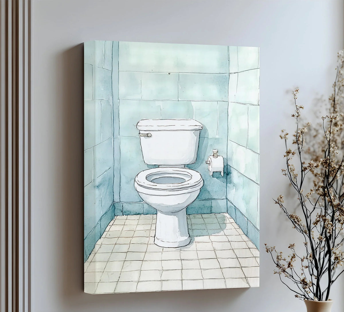 Interplaying watercolor shades accentuate the organic forms in this minimalist toilet illustration canvas pictures print, lending a cerulean ambiance to the clean, tiled corner.