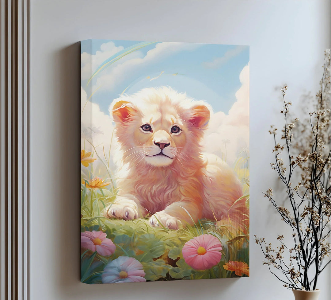 Innocent Majesty – Baby Lion Cub in Blooming Field Animal Canvas Print - MyPhotoStation