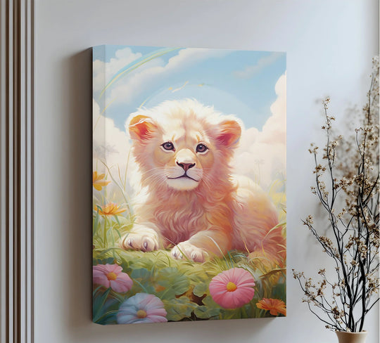 Warm color temperature highlights the charming baby lion cub in a blooming field in this animal canvas artwork print.