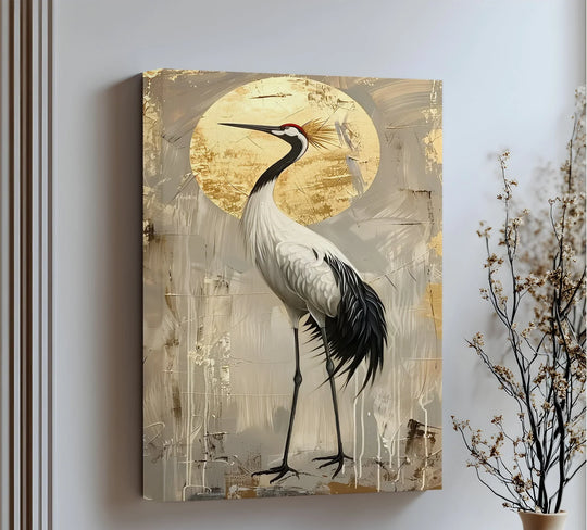 Depicting the abstract quality through textured strokes and a golden sun, this elegant crane animal canvas painting offers a modern, serene ambiance.