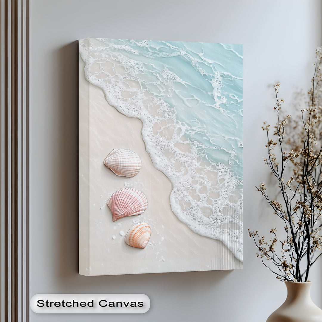 Soft waves and pastel shells blend beautifully in this coastal canvas art.

