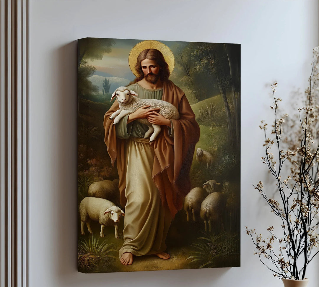Find comfort in this heartwarming canvas wall art of Jesus holding a lamb, symbolizing peace and protection.

