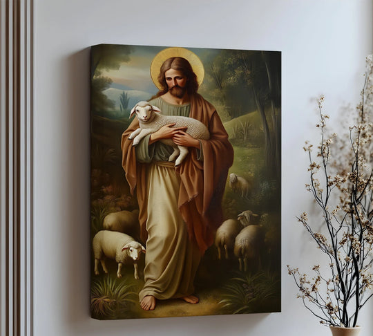 Gentle flow emanates from this 'The Good Shepherd – Jesus with Lamb' canvas print as the lamb nestles in Jesus's arms, creating a serene canvas pictures moment.