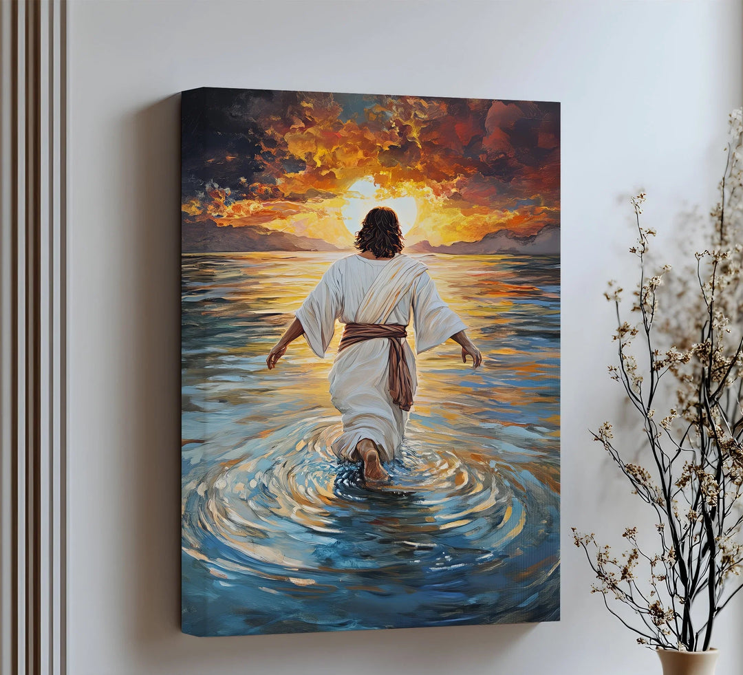 Embrace calm and devotion with this breathtaking canvas wall art of Jesus walking toward the light.

