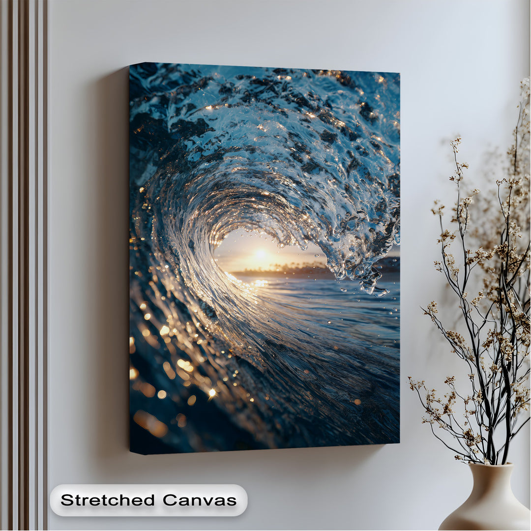 A portrait canvas art print features a mesmerizing, tunnel-shaped ocean wave shimmering with golden sunset reflections.