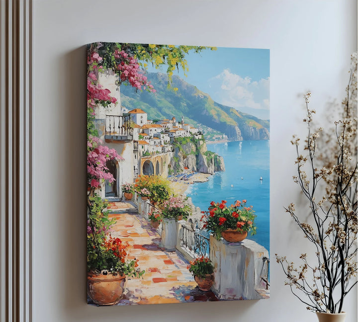 Amalfi Terrace Bloom – Coastal Italian Balcony Canvas Print - MyPhotoStation