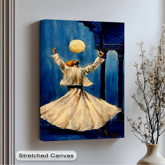 Contemplative mood permeates this whirling dervish Islamic canvas art prints, with its serene moonlit dance captured on a stretched canvas.