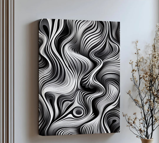 Flowing Dimensions – Abstract Waveform in Black & White Canvas Print - MyPhotoStation