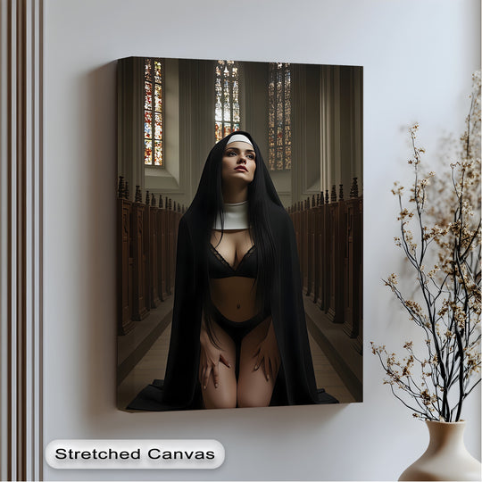 Black dominates the erotic canvas print, enhancing the sacred yet sensual elements of the framed canvas art.
