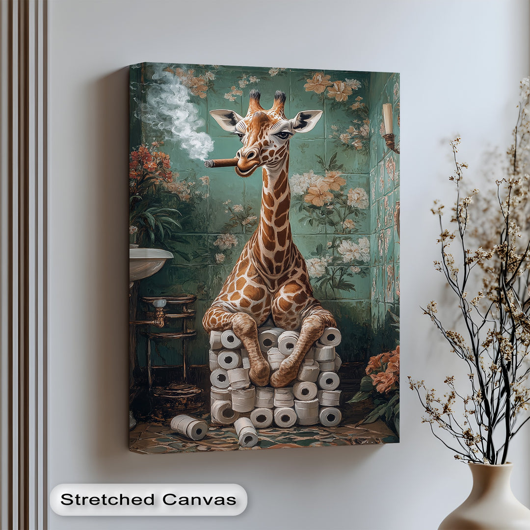 Add a humorous touch to your bathroom with this funny animal canvas wall art featuring a relaxed giraffe surrounded by toilet paper rolls—perfect for quirky and unforgettable decor.

