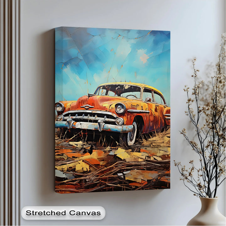 Rustic Relic – Faded Orange Classic Car in Autumn Field Canvas Print - MyPhotoStation